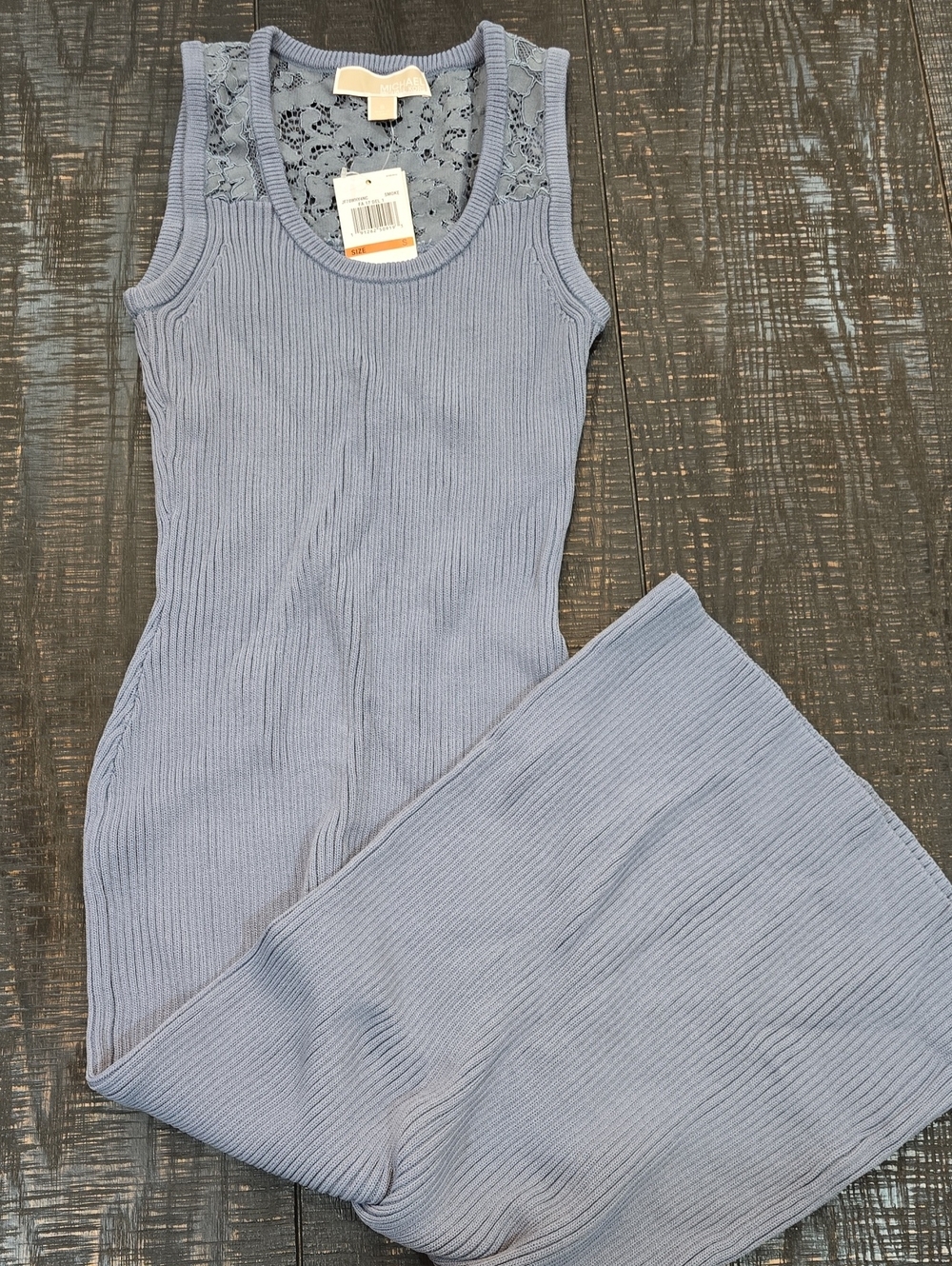 Michael Kors Ribbed Lace-Back Maxi Dress in Dusty Blue
